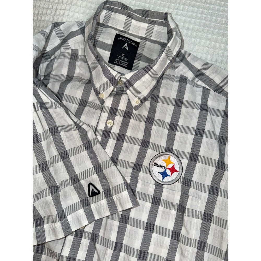 Antigua Button Down Shirt Mens XL White Grey Plaid Pittsburgh Steelers NFL Logo